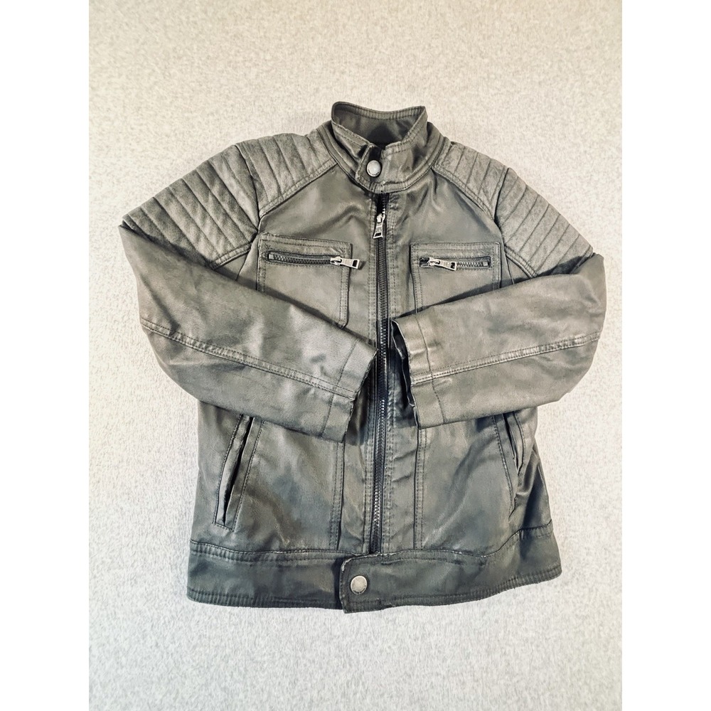 Urban Republic Boys' Faux Leather Moto Jacket w/ Gray Hood, Black, Size 10/12